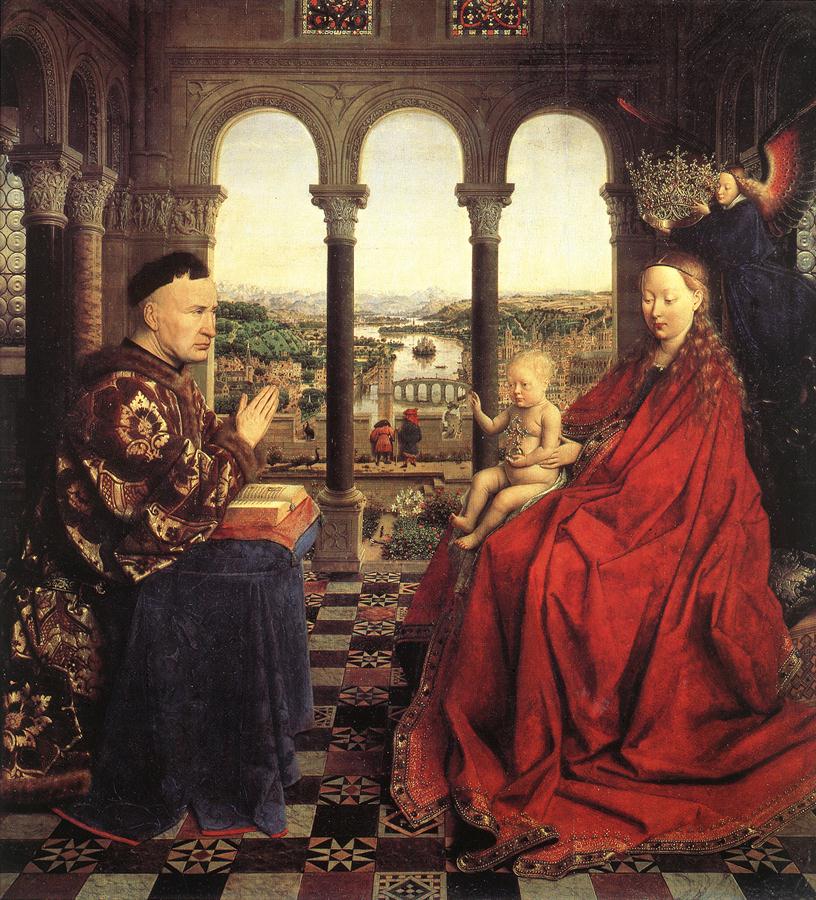 Jan van Eyck, La Vierge au Chancelier (The Rolin Madonna), c 1435, oil on panel, 66 x 62 cm. Musée du Louvre, Paris (WikiArt). Painted just a year after his famous Arnolfini Wedding, van Eyck explored the optics of reflective surfaces even further in this remarkable painting.