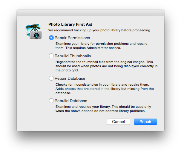 Start iPhoto up with the Command and Option keys held until you see this dialog, to rebuild your library.