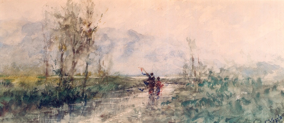 Guillaume Vogels, Chemin détrempé (Wet Track) (date not known), watercolour and body colour on paper, 23 x 52 cm, Musée d'Ixelles, Ixelles. Wikimedia Commons.