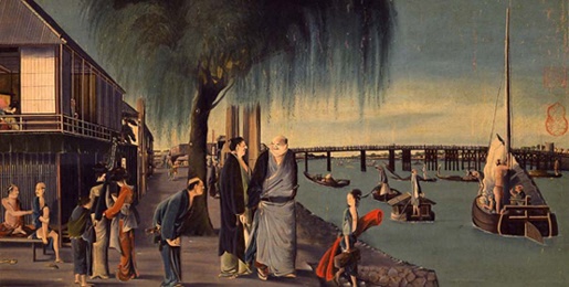 Aōdō Denzen (1748-1822), View of Ryōgoku (Edo, 1789-1818), oil on silk, 34 x 66.5 cm, Private collection. Wikimedia Commons.
