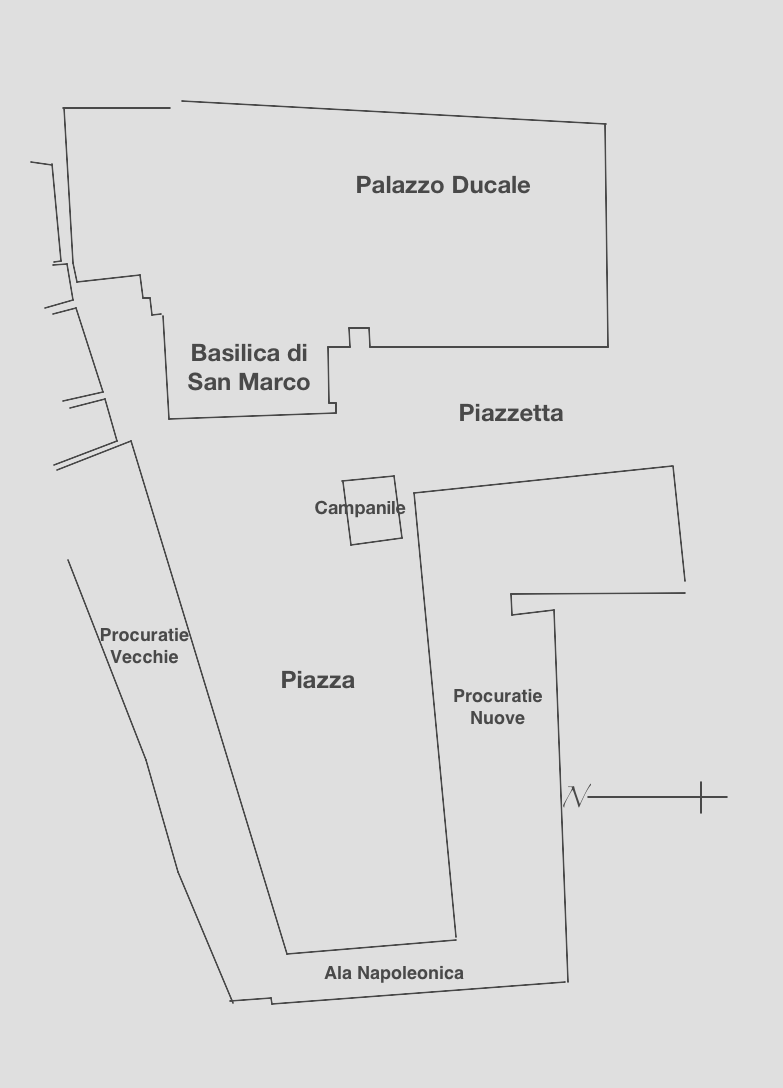 Outline plan of Piazza San Marco, Venezia, as in 1831, after Quadri-Moretti (via Wikimedia Commons).