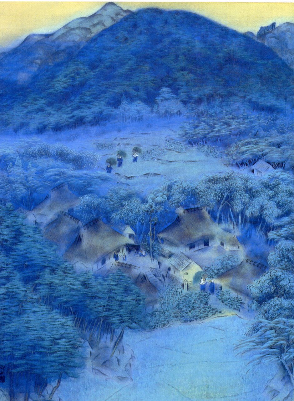 Gyoshu Hayami (速水 御舟) (1894-1935), Village in Shugakuin (1918), ink and color on silk, 132 x 97 cm, Shiga Museum of Modern Art. Wikimedia Commons.