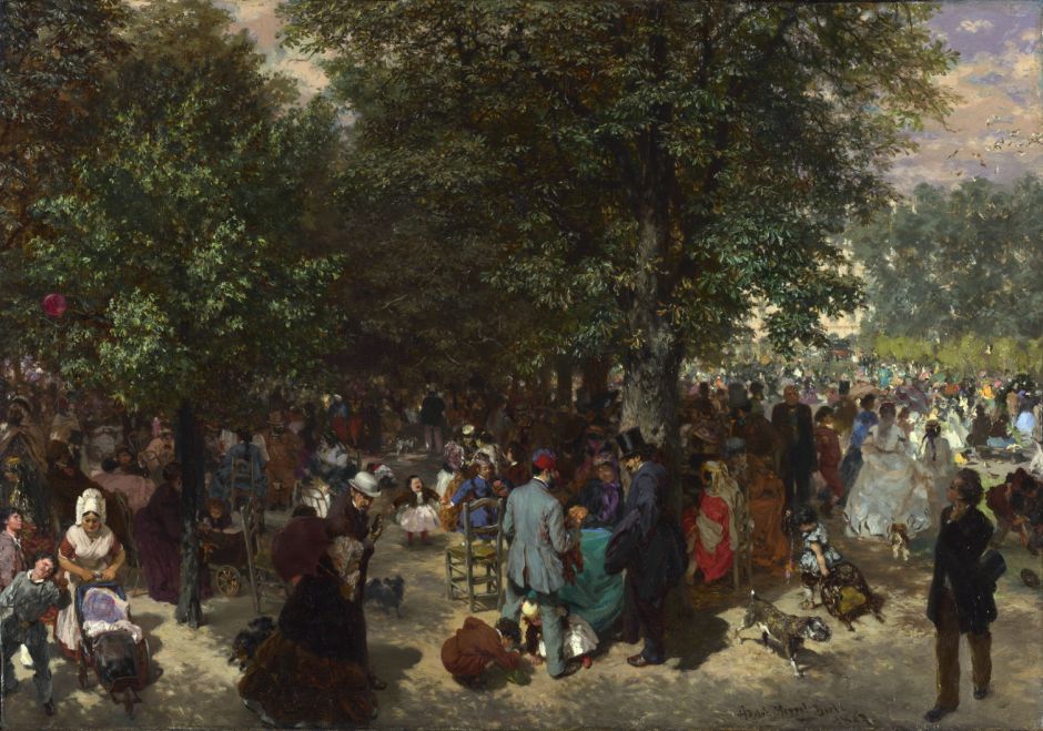 Adolph Menzel (1815–1905), Afternoon in the Tuileries Gardens (1867), oil on canvas, 49 x 70 cm, The National Gallery, London. Courtesy of National Gallery (CC), via Wikimedia Commons.