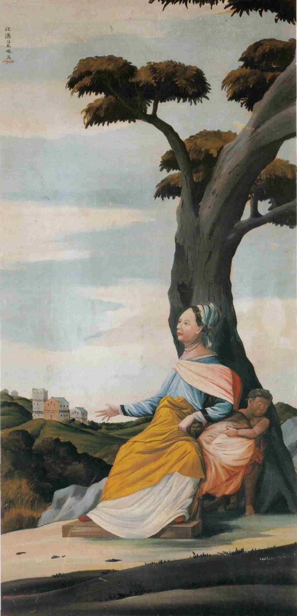 Shiba Kōkan (司馬 江漢) (1747-1818), Dutch Woman beneath a Tree (Edo, 1790), oil on silk, 115 x 56 cm, Kobe Museum, Kobe. Wikimedia Commons.